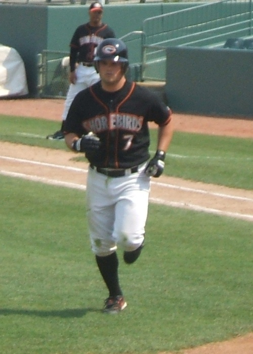 Stu Musslewhite of the Shorebirds trots back to the dugout, another at-bat in the books.